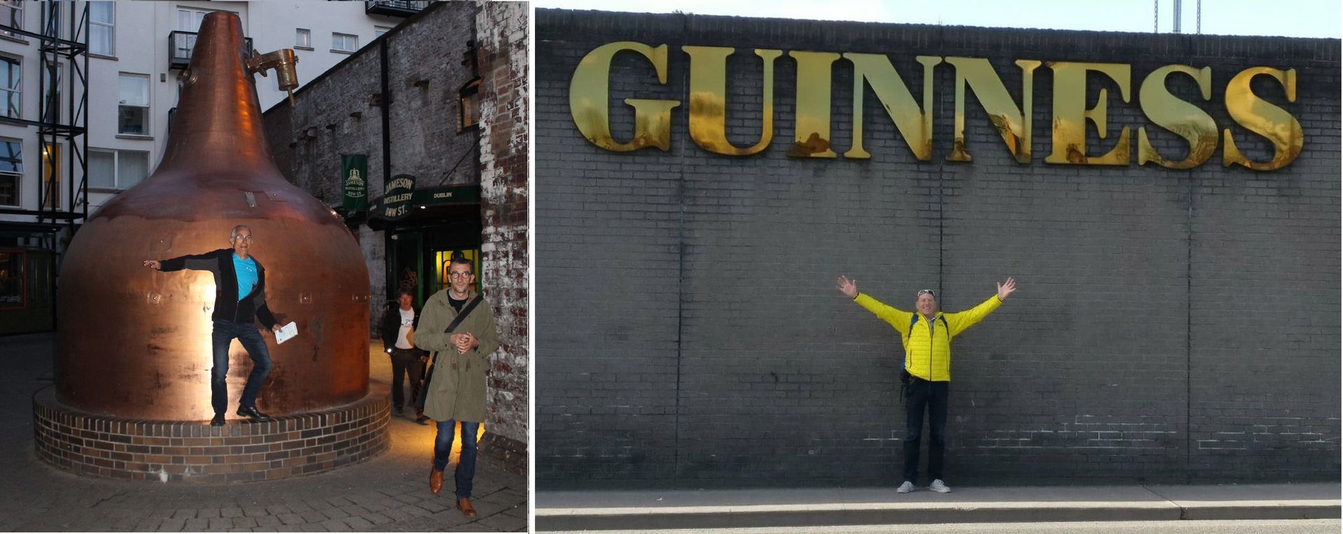 arrivée à Dublin - André et Serge devant l'ancienne distillerie de whisky, Christian devant la big brasserie